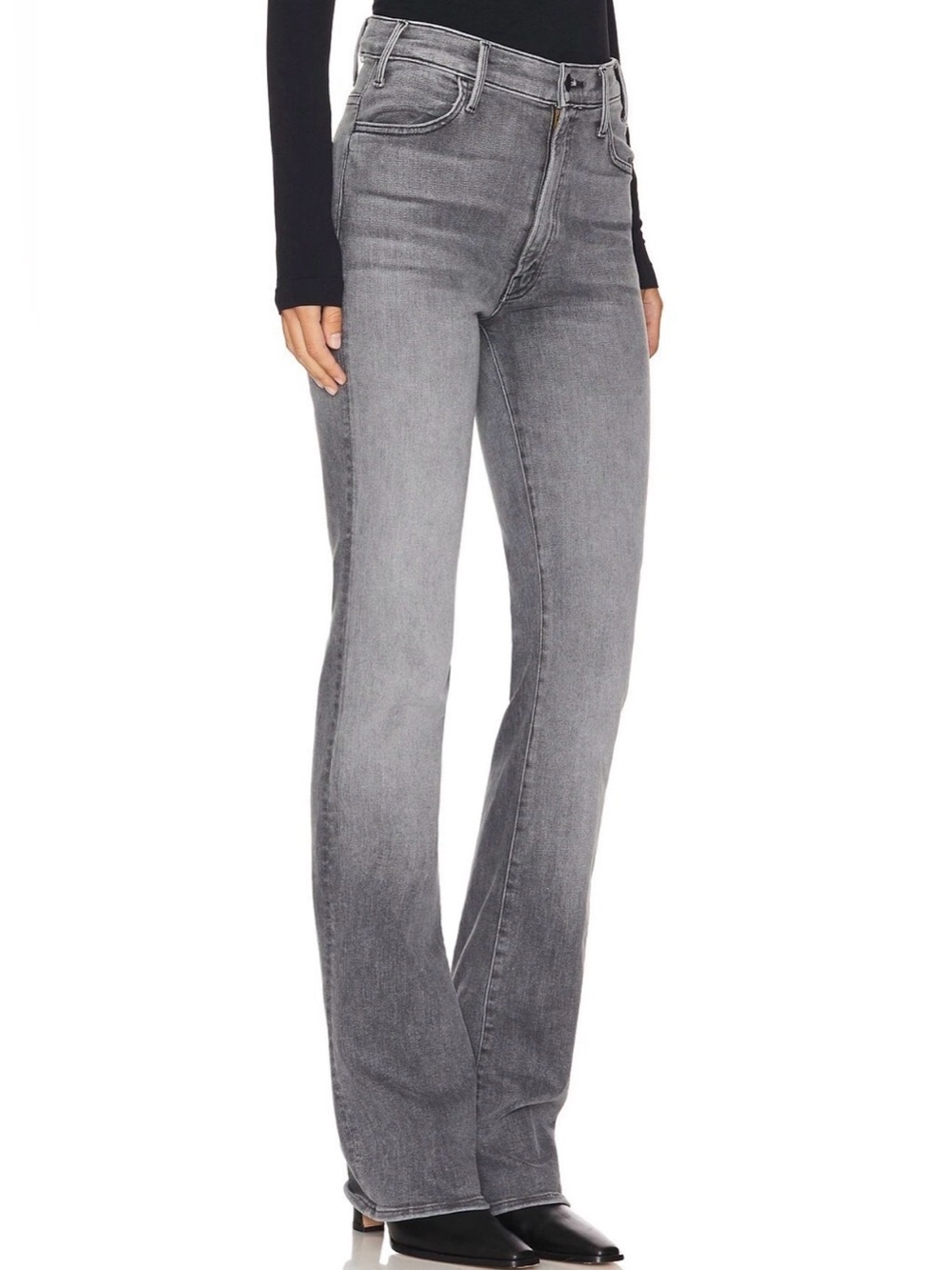 MOTHER Lil Hustler Heel in Magic 8 Ball Gray High-Rise Flare Jeans